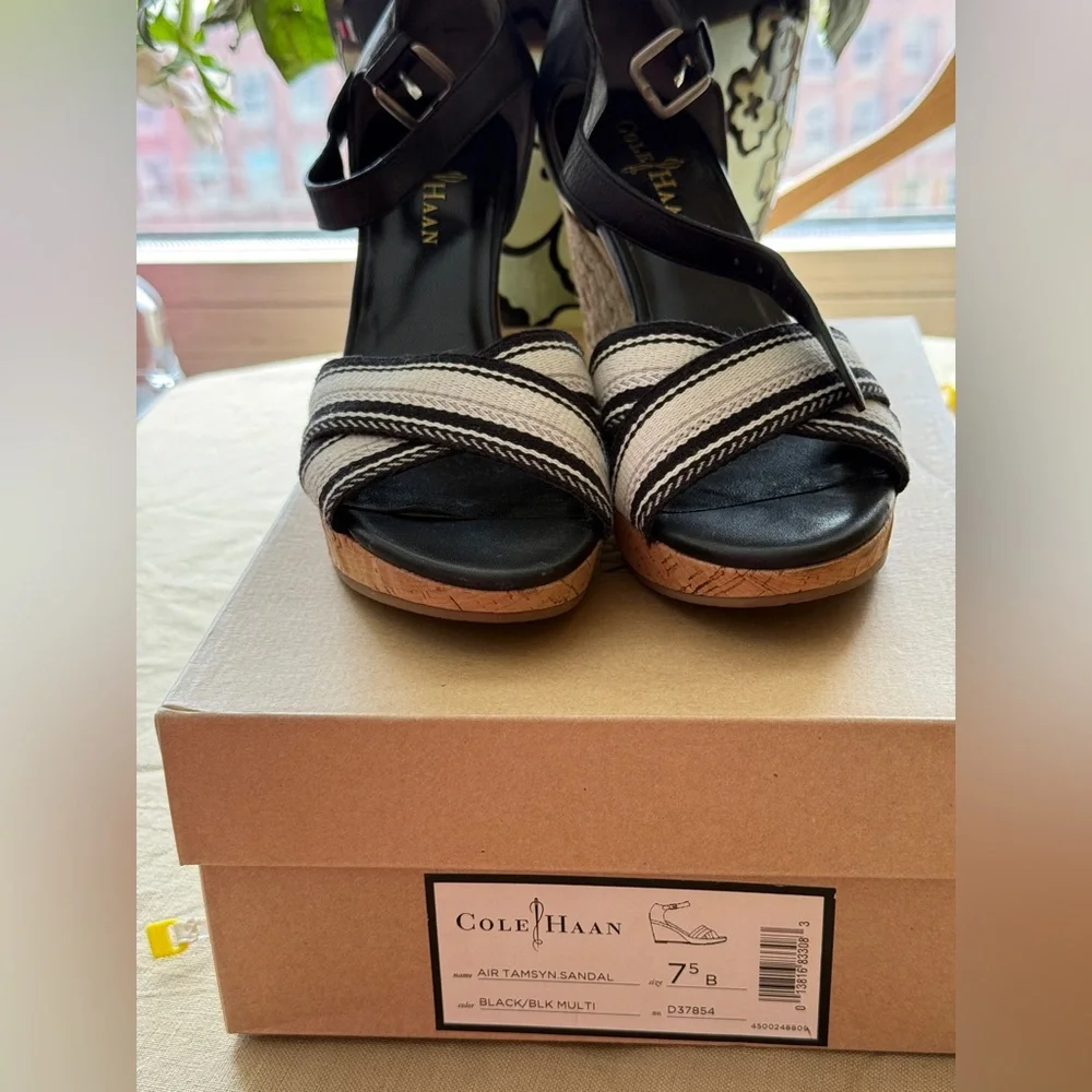Cole Haan Black and White Air Tamsyn Wedge Sandal with Elegant Crisscross Design